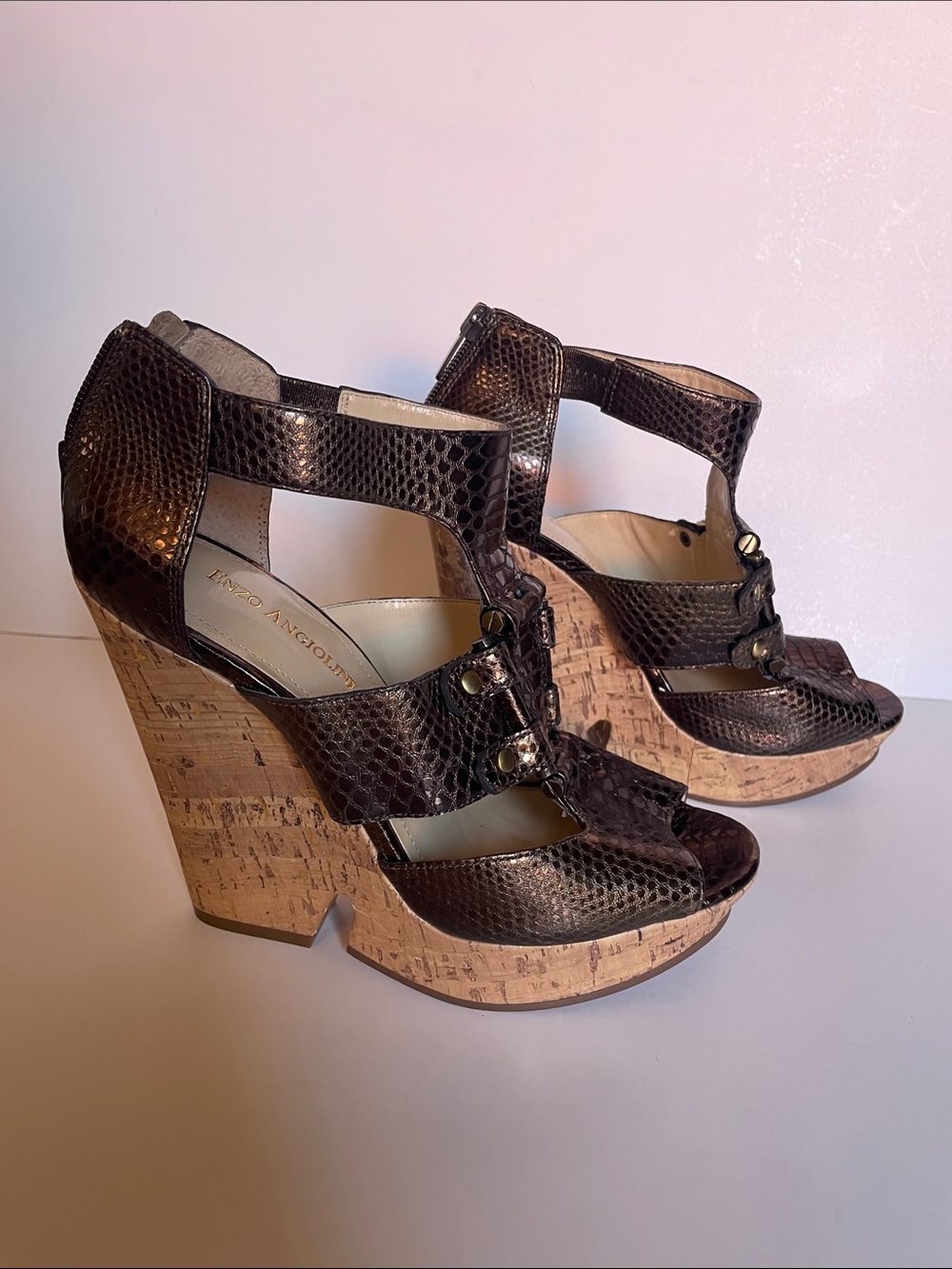 Enzo Angiolini Metallic Bronze Snake-Embossed Strappy High Heels